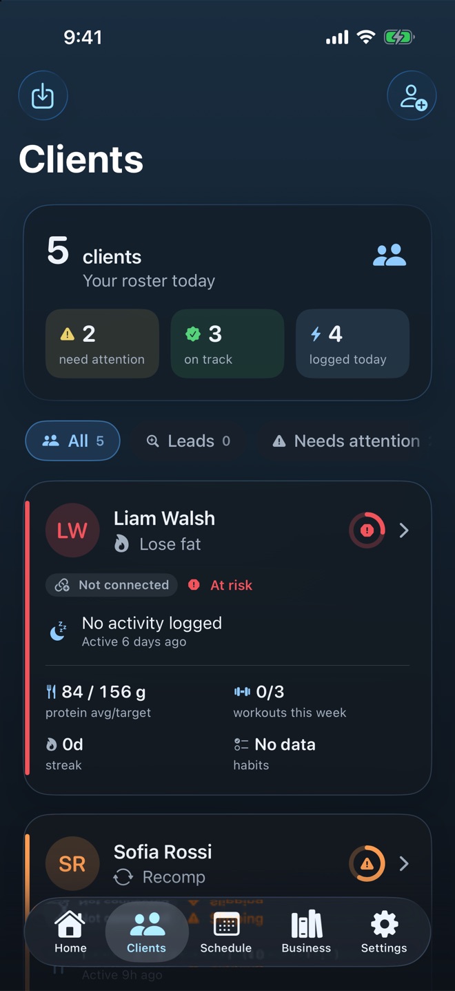 Pacer Coach's roster screen, listing connected clients.