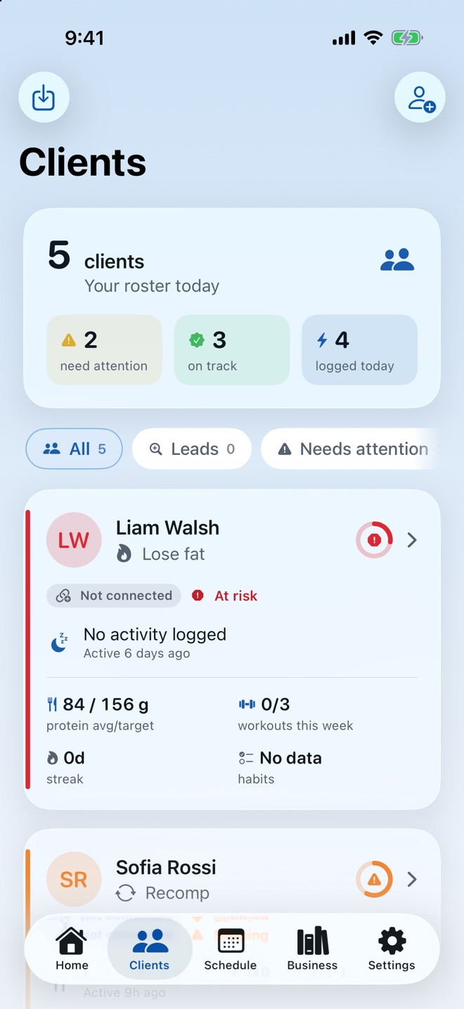Pacer Coach's roster screen, listing connected clients.