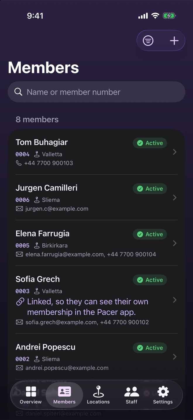 Pacer Gym's Members screen, listing the gym's members with each one's member number, home location and status.