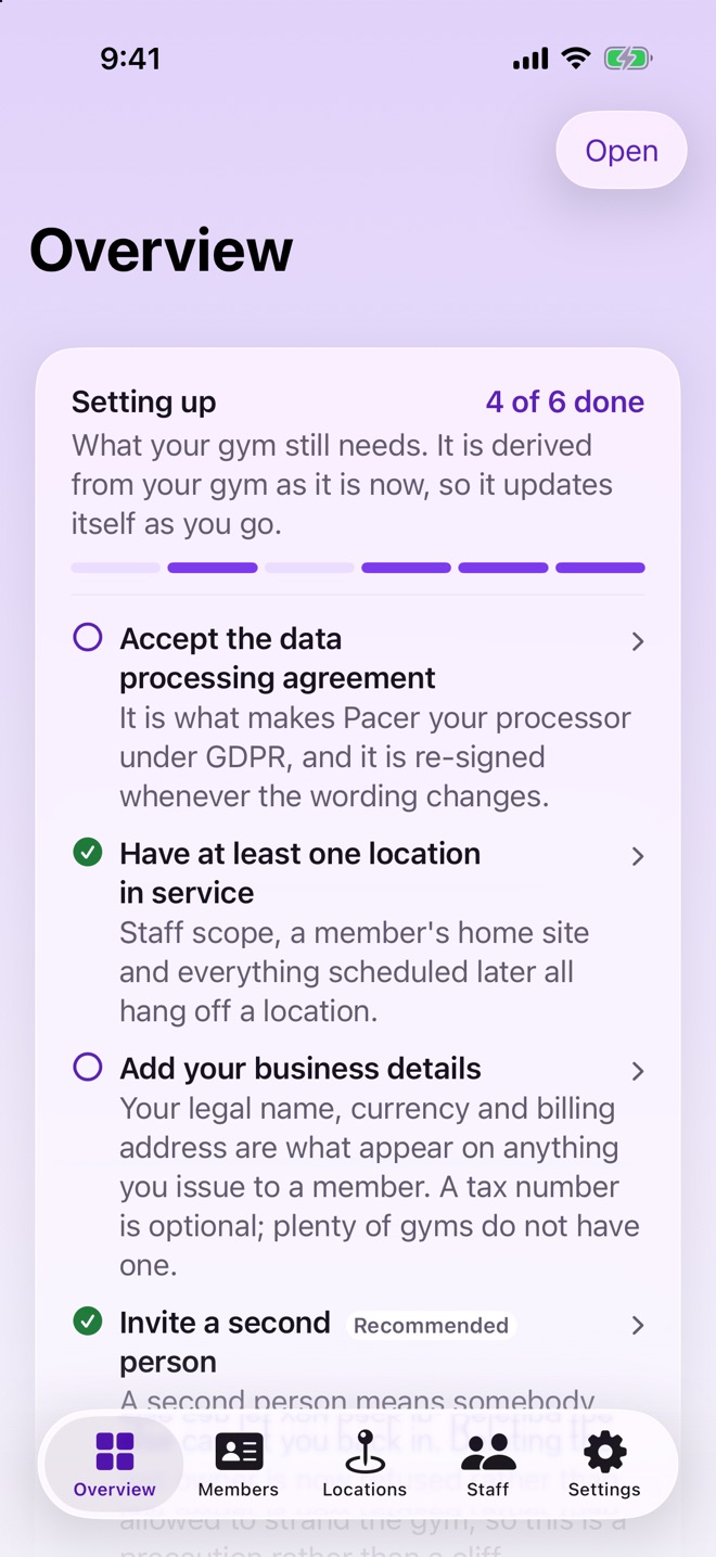 Pacer Gym's Overview screen, showing the gym's setup list with four of its six steps done.