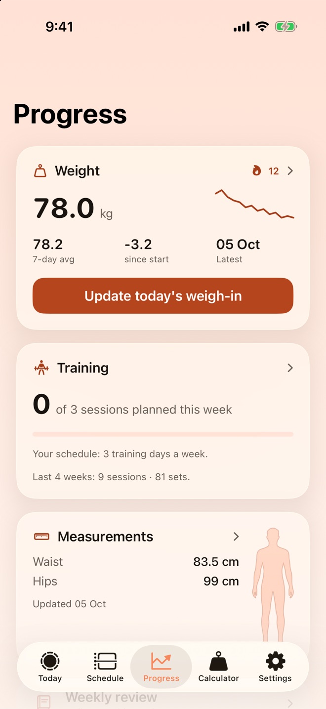 Pacer's Progress screen, with a weight trend, the week's training sessions and body measurements.