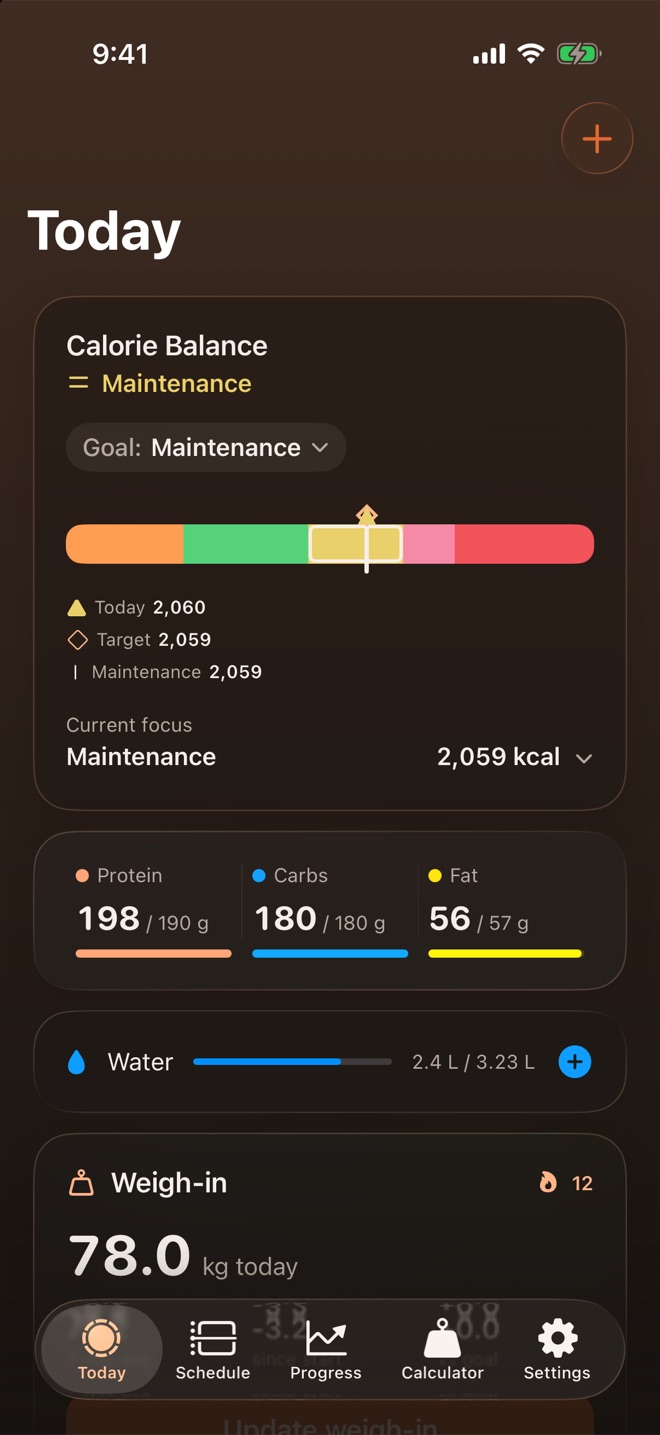 Pacer's Today screen, showing protein and calorie progress for the day.