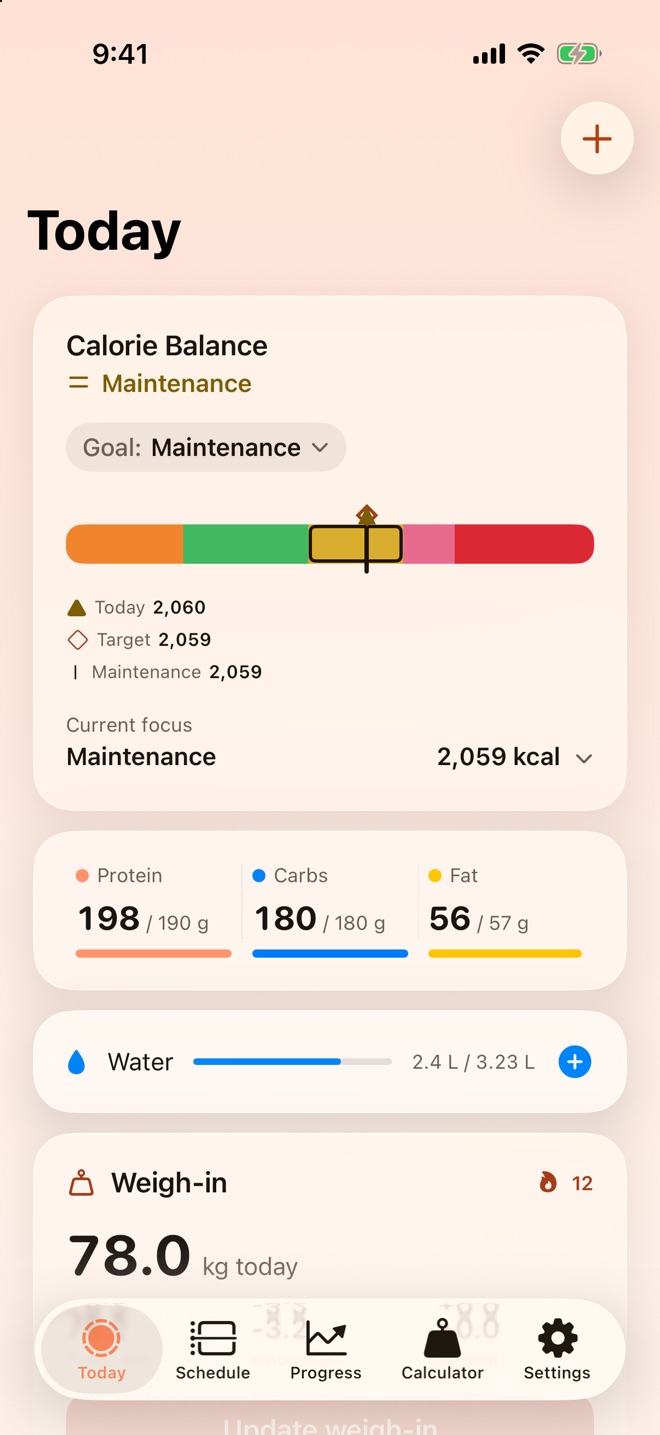 Pacer's Today screen, showing protein and calorie progress for the day.
